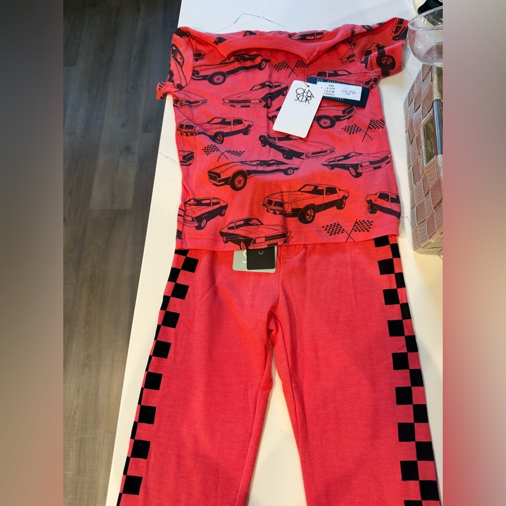 Red Kids Two-Piece Car Print Top & Checkerboard Leggings